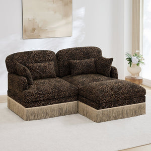 English Elm Comfy Chenille Leopard Print Loveseat with Tassel Trim Movable Ottoman Living Room Brown W5656S00011