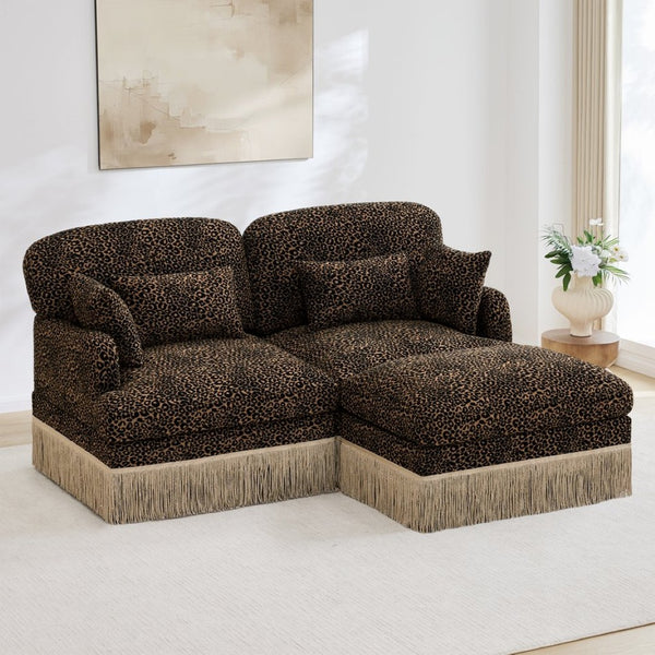 English Elm Comfy Chenille Leopard Print Loveseat with Tassel Trim Movable Ottoman Living Room Brown W5656S00011