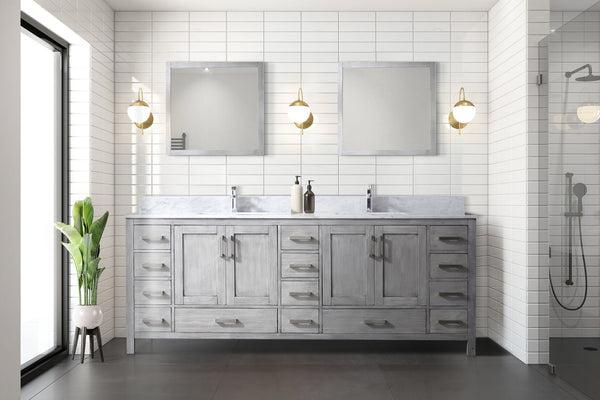 English Elm Distressed Grey Double Bath Vanity 84" W With Elegant Carrara Marble Top & Ample Storage Space B2731P258979
