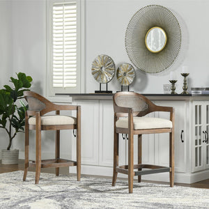 English Elm Jennifer Taylor Home - Americana Mid-Century Modern 26" Cane Back Counter Stool – Stylish Taupe-Biege Upholstery & Oak Frame B2719P238383