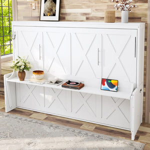 English Elm Queen Murphy Bed with Fold Down Desk Led Lighting and Usb Port for Home Office White W1580S00456