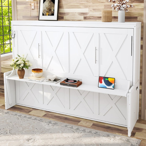 English Elm Queen Murphy Bed with Fold Down Desk Led Lighting and Usb Port for Home Office White W1580S00456