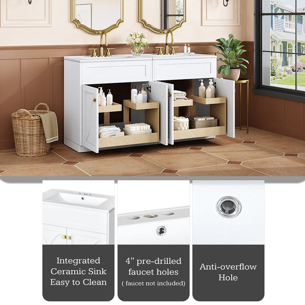 English Elm 60'' Bathroom Vanity Set With Glossy Ceramic Sink, Modern Cabinet, Gold Handles & Soft-Close Doors N710SS00005K