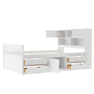 English Elm Full Size Captain Platform Bed Frame With Bookcase Headboard, Storage Drawers & White Finish N7090000473K