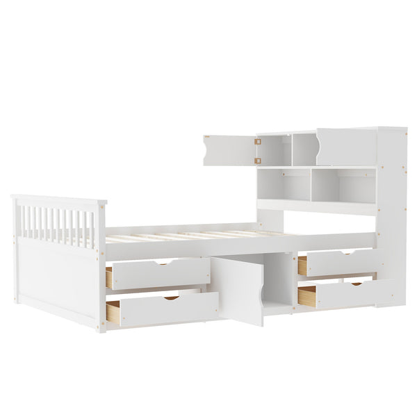 English Elm Full Size Captain Platform Bed Frame With Bookcase Headboard, Storage Drawers & White Finish N7090000473K