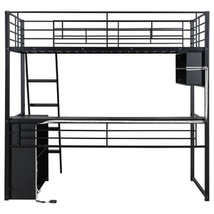 English Elm Twin Metal Loft Bed with LED Desk & 4 Shelves, Black — Sturdy Metal/Wood Frame, Space-Saving Design GX000652AAB
