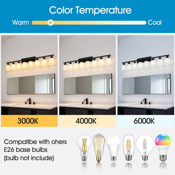 English Elm Wall Vanity Light Eight Bulb Matte Black Metal Glass Shade Modern Bathroom Fixture W5008P389870
