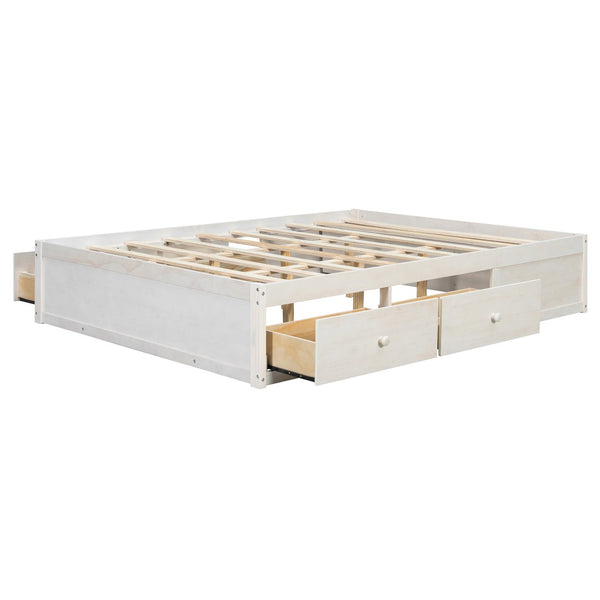 English Elm Queen Platform Storage Bed with Hydraulic Lift Footboard and Four Drawers Antique Finish White LP000139AAK