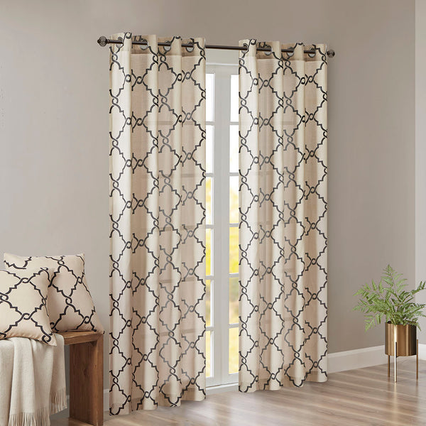 JLA Home Madison Park - Fretwork Cotton-Blend Grommet Top Curtain Panel — Textured Basket Weave, Light-Filtering, Modern Flair Khaki/Black MP40-2410