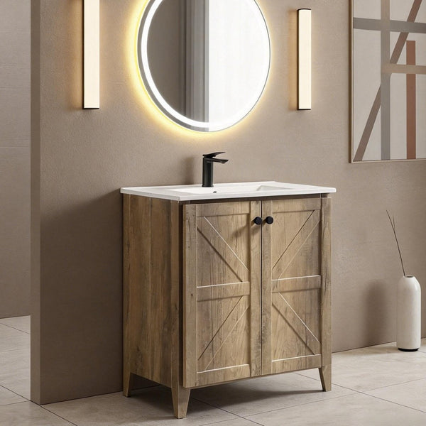 English Elm 30 Inch Floating Bathroom Vanity Fluted Wood Grain Front with Ceramic Integrated Sink Antique Grey W3520S00032