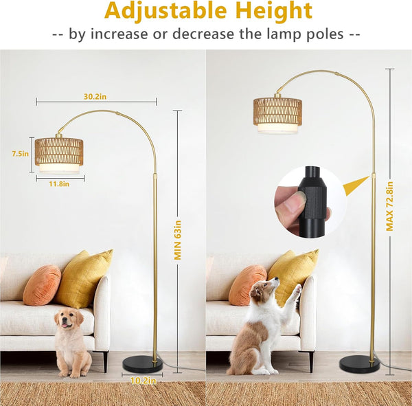 English Elm Arc Rattan Arc Floor Lamp with Remote & Dimmable LED, Height Adjustable, Boho Farmhouse Glow Brown+Gold W2738P227439