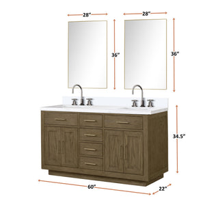 English Elm Grey Oak Double Bath Vanity 60 in. W x 22 in. D with White Quartz Top, Chrome Faucets & Dual Mirrors B2731S01797