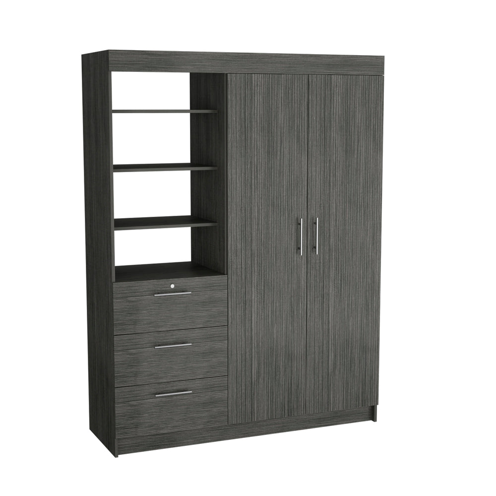 English Elm Kenya Smokey Oak Armoire with Double Doors, 3 Drawers, 3-Tier Shelves & Dual Hanging Rods, Smoke Grey B070S00197