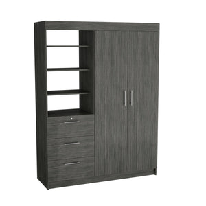 English Elm Kenya Smokey Oak Armoire with Double Doors, 3 Drawers, 3-Tier Shelves & Dual Hanging Rods, Smoke Grey B070S00197
