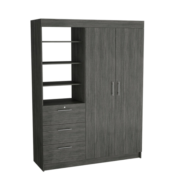 English Elm Kenya Smokey Oak Armoire with Double Doors, 3 Drawers, 3-Tier Shelves & Dual Hanging Rods, Smoke Grey B070S00197