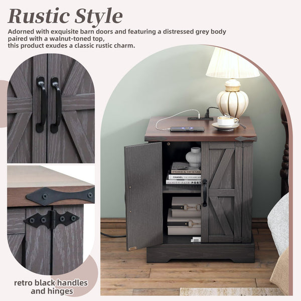 English Elm ON-TREND Farmhouse End Table with Built-In Charging Station, Rustic Walnut Top, Adjustable Shelf Grey N721P246478E