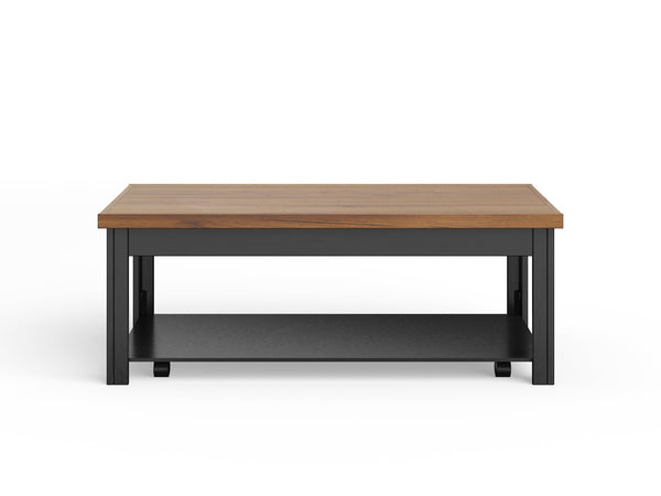 English Elm 48 Modern Farmhouse Coffee Table Black & Whiskey Finish, 48" Solid Wood Top, Shelf, Casters, Fully Assembled B108P160149