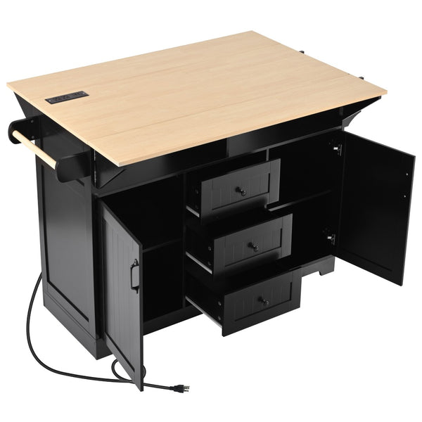 English Elm K&k Rolling Kitchen Island with Drop Leaves Power Outlet Drawers and Spice Rack Black N707S186617B