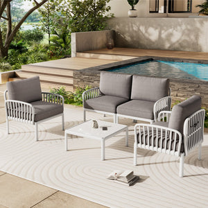 English Elm Christopher Knight Home® - 5 Modern Patio Conversation Set with Deep Seating, Waterproof Cushions, Glass Coffee Table, Durable White+gray N780P19945449W