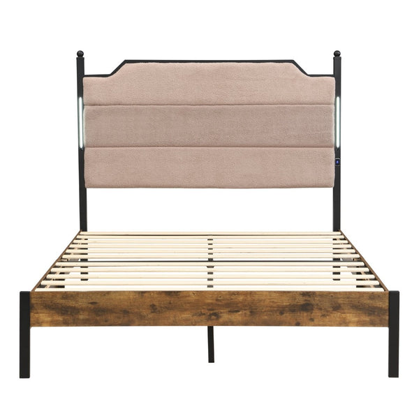English Elm Queen Platform Bed Lamb Fleece Headboard Led Lighting Usb Charging Under Storage W311P416228