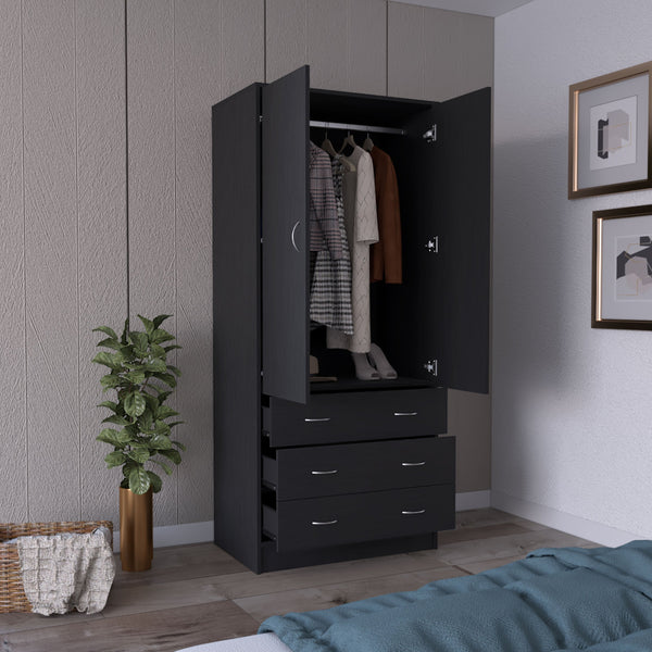 English Elm Armoire Melfa 71" H with 2 doors, 3 drawers and hanging rod for organized, elegant bedroom storage Black 35 L x 24 W x 6 H B097S00121