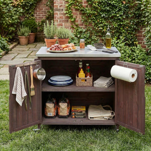 English Elm K&k Rolling Outdoor Kitchen Island Solid Fir Wood Stainless Steel Top Storage Cabinet Dark Brown N707P370287Z