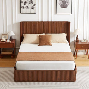 English Elm Natural Fluted Wood Platform Bed Minimalist Queen Frame with Tall Curved Headboard Walnut W5219S00003