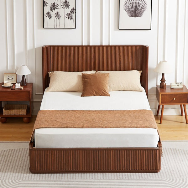 English Elm Natural Fluted Wood Platform Bed Minimalist Queen Frame with Tall Curved Headboard Walnut W5219S00003
