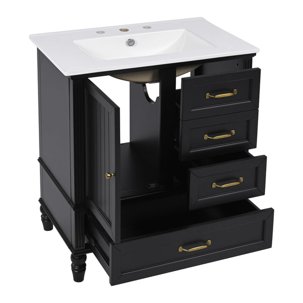 English Elm Christopher Knight Home® - 30" Bathroom Vanity with Ceramic Sink, Acacia & MDF Cabinet, Soft-Close Door & Drawers Black N759P346895B