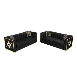 English Elm 81" Tufted Velvet Chesterfield Sofa with Gold Steel Legs for Elegant Living Rooms Black W1191S00072