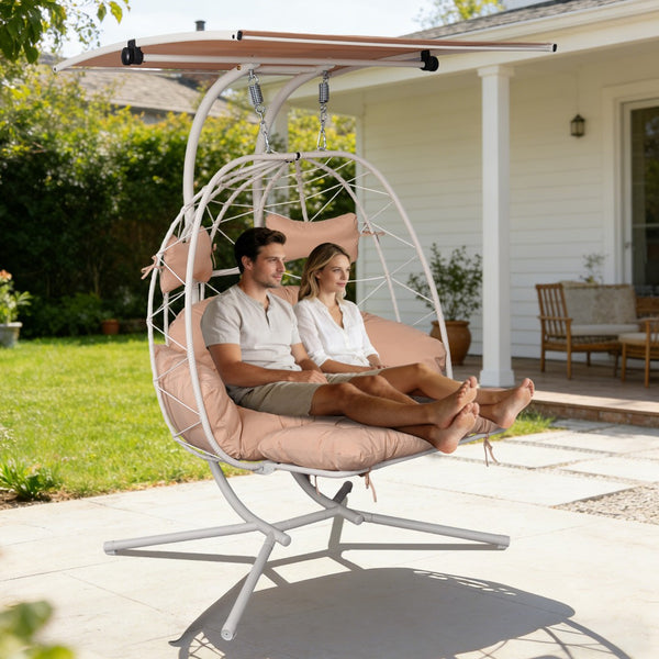 English Elm 2-person Outdoor Wicker Egg Chair Hanging Swing with Canopy Stand and Cushions Beige+White T5880P502253