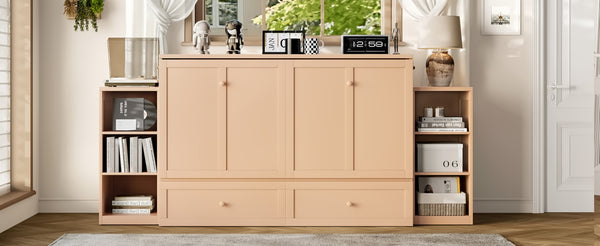 English Elm Queen Murphy Bed With Elegant Golden Finish, Spacious Storage Drawers, And Shelves For Compact Spaces W1580S00258-GIGA