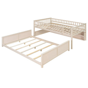 English Elm Full Xl Over Queen Bunk Bed Pinewood Frame with Led Lights Shelving Pegboard Beige LT000279AAA