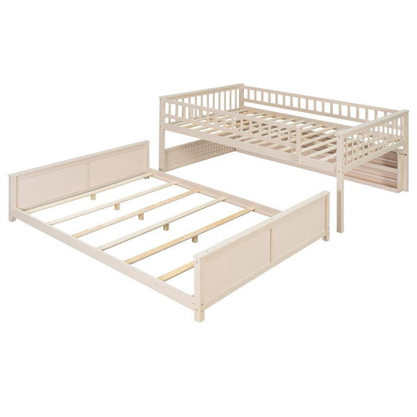 English Elm Full Xl Over Queen Bunk Bed Pinewood Frame with Led Lights Shelving Pegboard Beige LT000279AAA