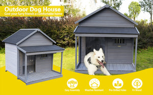 English Elm Large Breed Outdoor Doghouse Solid Fir Wood Covered Porch Weatherproof Asphalt Roof W1431S00011