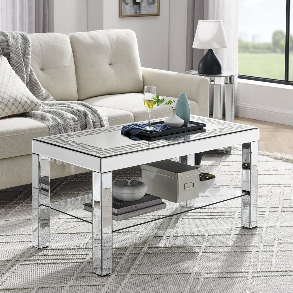 English Elm W 40" X D 20" X H 20" Curved Border Carved Mirror Coffee Table with Crushed Diamonds & Crystal Legs_WIDGET W1005P190425