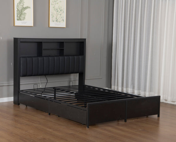 English Elm Queen Storage Bed Frame with Led Lighting Charging Station and Four Under Drawers W1670S00030