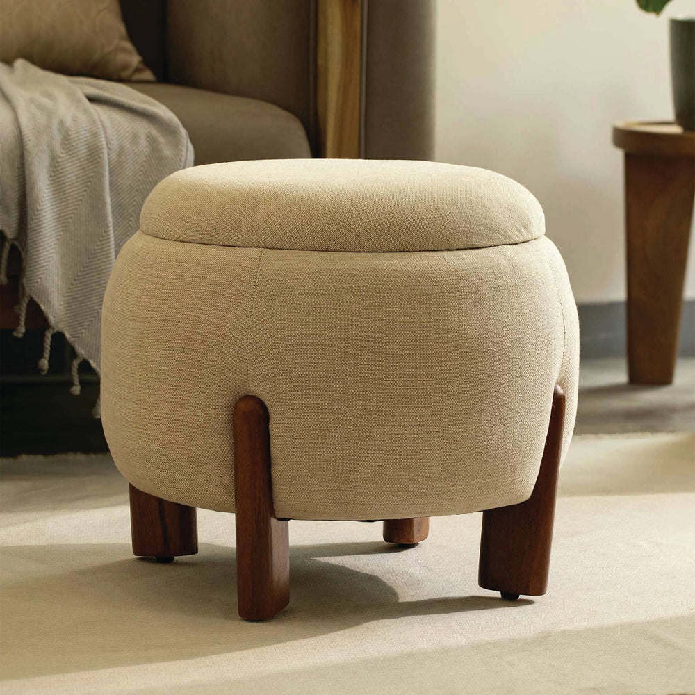 English Elm Handicraft Round Ottoman Brown Upholstered | Solid Mango Wood Legs, Modern Minimalist, Versatile Seating B346P369786
