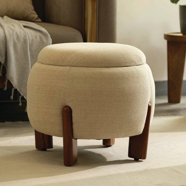 English Elm Handicraft Round Ottoman Brown Upholstered | Solid Mango Wood Legs, Modern Minimalist, Versatile Seating B346P369786