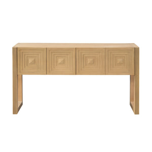 English Elm [video] Art Deco Console Table Geometric Carved Fronts Fluted Legs 3 Soft-close Drawers Light Brown N759P433572T