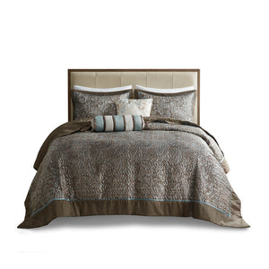 JLA Home Madison Park - 5 Reversible Jacquard Bedspread Set with Paisley Motif, Taupe-Platinum Sheen, Quilted Elegance Blue/Brown MP13-4339