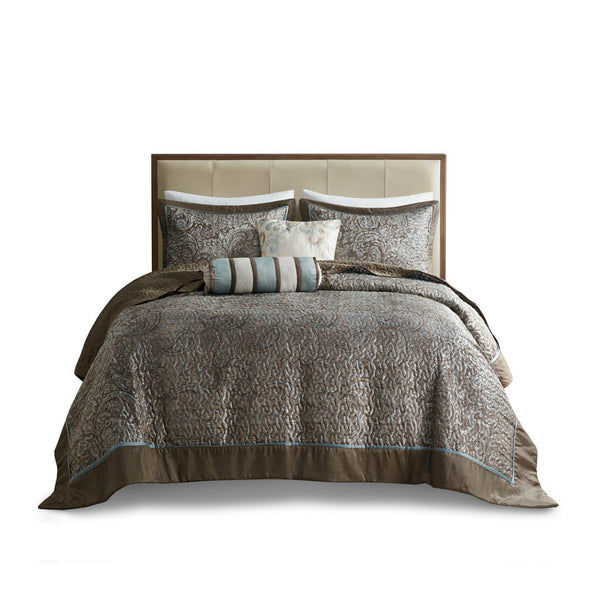 JLA Home Madison Park - 5 Jacquard Bedspread Set Reversible Paisley-Textured Quilt with Shams and Decorative Pillows, Taupe Sheen Blue/Brown MP13-4338