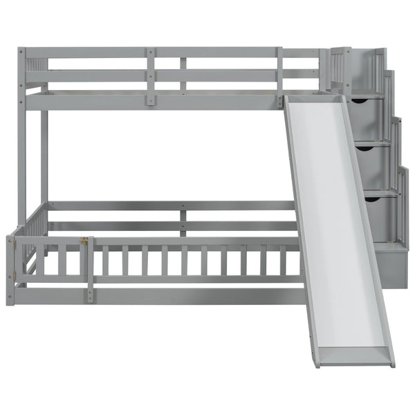 English Elm Twin Over Full Pine Bunk Bed with Fun Slide Storage Staircase and Safety Rails W504P210106