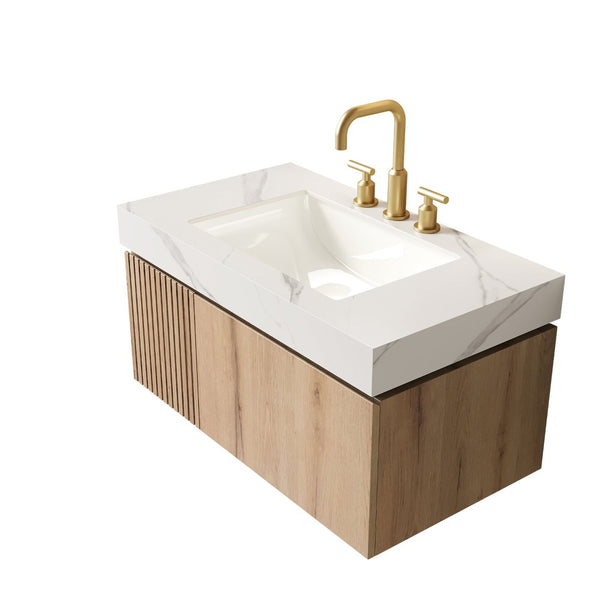 English Elm Muri Floating Bathroom Vanity with Oak Woodgrain Cabinet and Sintered Stone Top W2615S00632