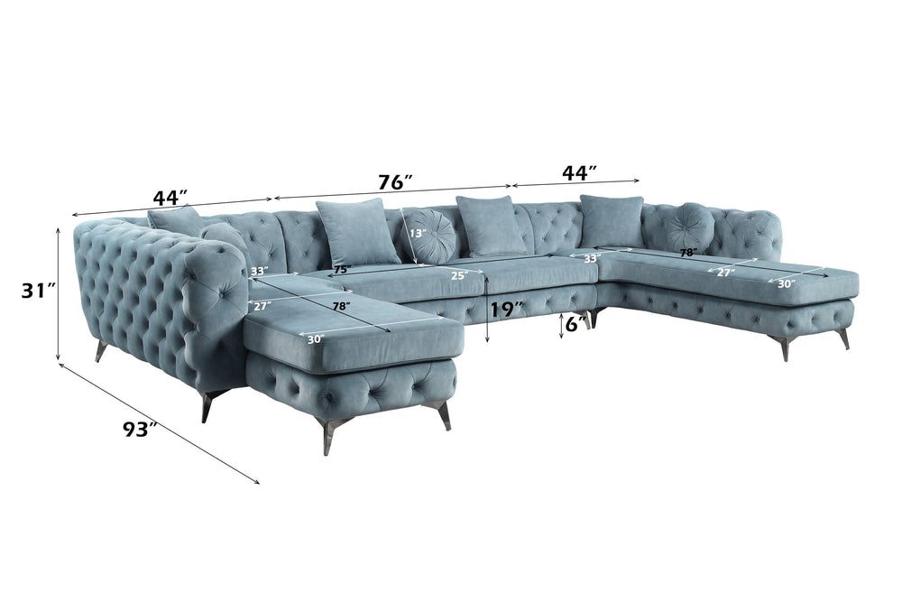 English Elm Zerah Dusty Blue Fabric Sectional Sofa with 7 Accent Pillows, Button Tufted, Pocket Coil Comfort B2726S00354