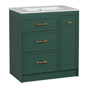 English Elm Classic 30" Forest Green Bathroom Vanity with Gold Handles, Double-Layer Drawer, Ceramic Sink Elegance N729P194978F