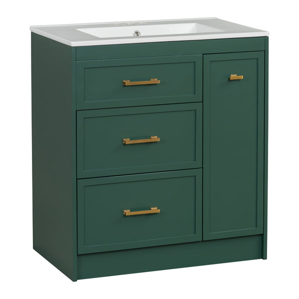 English Elm Classic 30" Forest Green Bathroom Vanity with Gold Handles, Double-Layer Drawer, Ceramic Sink Elegance N729P194978F