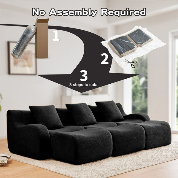 English Elm Three-Seat Modular Sofa with Plush Teddy Fabric, No Assembly, Ergonomic Curved Armrests & Non-Slip Base Black W714S01461