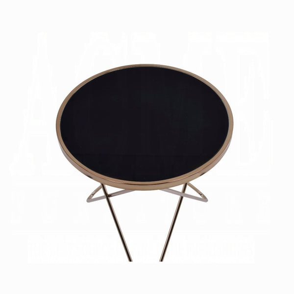 English Elm 1pc Mid-Century End Table with Frosted Round Glass Top and Sleek Metallic Frame, 22" Square Black,Champagne 24.5 L x 33.5 W x 5 H B2741P332644