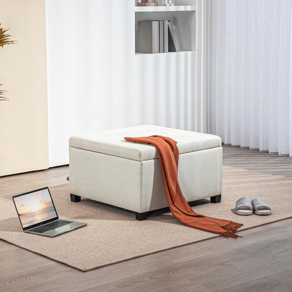 English Elm HOMCOM Tufted Fabric Storage Ottoman with Flip-Top Lid, Eucalyptus Frame, Soft Cushioned Seat, 28" Beige W2225P217742